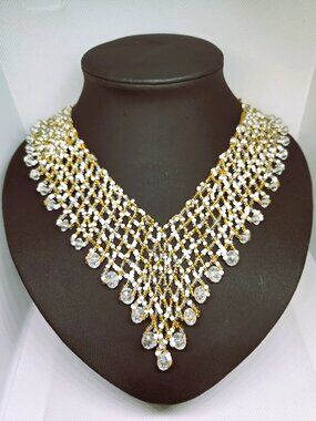 Clear Faceted Bead & White Seed Bead Bib Statement Necklace